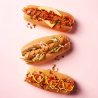 3 varieties of hotdogs - junk food stock-fotos und bilder