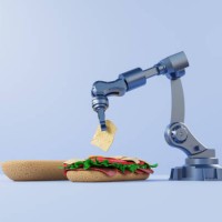 3d illustration of industrial robot making sandwich - food photos et images de collection