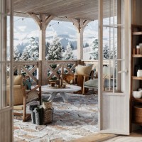 3d render of a balcony in snowy winter cottage - home decoration stock pictures, royalty-free photos & images