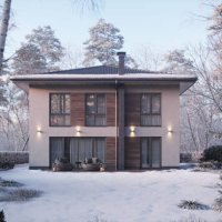 3d render of a bungalow surrounded by trees on a winter day - garden decoration stockfoto's en -beelden