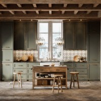 3d render of simple kitchen design in winter cottage - home decoration stock pictures, royalty-free photos & images