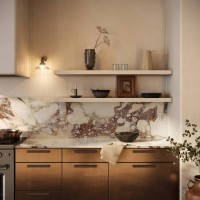 3d rendering of a kitchen interior design with marble stone wall - home decoration stock pictures, royalty-free photos & images