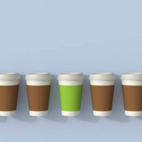 3d rendering, row of disposable coffee cups with a green outsider - junk food stock illustrations