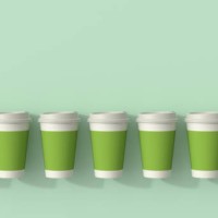 3d rendering, row of green disposable coffee cups - junk food stock illustrations