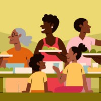 a black multigenerational family and friends enjoy a picnic together outside - food stock illustrations