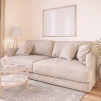 a cozy home interior in warm beige tones with a blank horizontal poster in japanese style. modern scandinavian living room interior design with sofa, coffee table and large spikelets in a vase. 3d render illustration mockup 