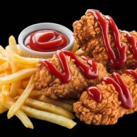 a delectable meal of crispy fried chicken pieces,golden-yellow french fries,and a small bowl of red ketchup - junk food stock pictures, royalty-free photos & images