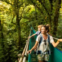 a family hiking across a suspension bridge in costa rica. - travel stock pictures, royalty-free photos & images