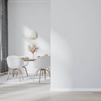 a luxury modern (scandinavian style) dining room with a potted plant in front of a white blank wall and dining table and chairs, windows in the background - home decoration stock pictures, royalty-free photos & images