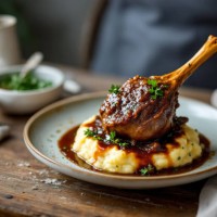 a medium shot of a plate with a braised lamb shank on top of mashed potatoes - food stock pictures, royalty-free photos & images