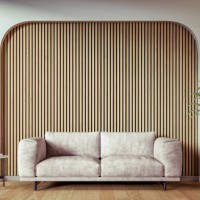 a modern, minimalist living room with a warm cream leather sofa set against a wooden slat accent wall with copy space, surrounded by an arched cotton white background and decoration - home decoration stock pictures, royalty-f