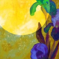 a picturesque illustration of irises against the background of the sun - garden decoration stock illustrations