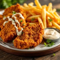a plate with chunks of fried chicken,a creamy dressing,and fries - junk food stock pictures, royalty-free photos & images