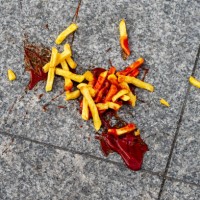 a portion of french fries with ketchup fell on the street - food photos et images de collection