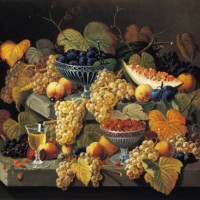 a still life of melon, cherries and strawberries - food stock illustrations