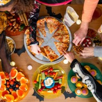 a tasty halloween buffet - food stockfoto's en -beelden