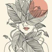 a woman covered with leaves, integrated with them. minimal line work. - fashion stock illustrations
