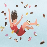 a woman falling amongst sweet junk food - junk food stock pictures, royalty-free photos & images