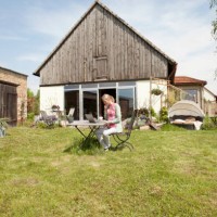 a woman sitting at a table in her backyard using a laptop - garden decoration photos et images de collection