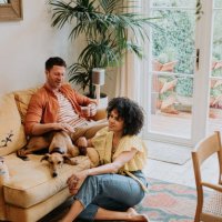 a young, interracial couple relax together in a living room with their lurcher dog - home decoration stock pictures, royalty-free photos & images