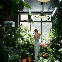 a young woman in a striped t-shirt takes care of plants in a floral urban jungle. plant shop. - home decoration stock pictures, royalty-free photos & images