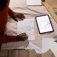 above view of black fashion designer sketching and using touchpad in a design studio. - fashion stock pictures, royalty-free photos & images