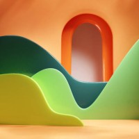 abstract colorful background with glazed green waves and orange arch. perfect place for your products. three dimensional illustration - home decoration stock pictures, royalty-free photos & images