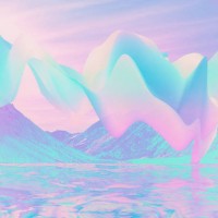 abstract curved wave foil shape 3d render on blue sky background neon light in the violet nature mountain and lake sky, futuristic abstract background, pastel colored neon water surface. calm space of metaverse - fashion stoc