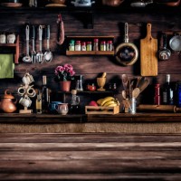 actual rustic kitchen with utensils for cooking. table at the foreground with copy space - food stock pictures, royalty-free photos & images