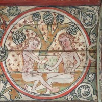 Adam and Eve in the Garden of Eden, decoration from the Al Stavkirke , fresco. Norway, late 13th century. ; Oslo, Kulturhistorisk Museum...