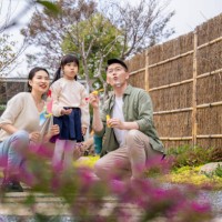 adorable little girl playing soap bubbles with her mother and father outdoors. - garden decoration stock pictures, royalty-free photos & images