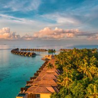 aerial view of luxury resort in maldives - travel stock pictures, royalty-free photos & images