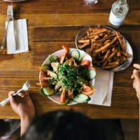 aerial view of salad and fries - food stock pictures, royalty-free photos & images
