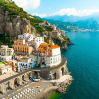 aerial view of the stunning amalfi coast with road and the atrani town with arched road in italy - travel stock-fotos und bilder