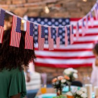american flag pennant at backyard during celebration of national holiday - home decoration stock pictures, royalty-free photos & images