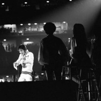 American singer Elvis Presley in concert, circa 1970.