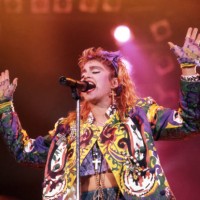 American, singer, songwriter and actress, Madonna, on stage during The Virgin Tour on May 25 at Cobo Arena in Detroit, Michigan.