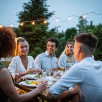 amis et famille dînant à l’extérieur par une chaude nuit d’été - garden decoration photos et images de collection