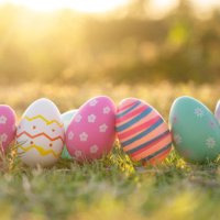 an easter egg sits in the lawn in the evening golden sun. at easter - garden decoration stock pictures, royalty-free photos & images