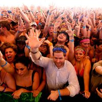 an ecstatic crowd of cheering fans at music festival - concert stock pictures, royalty-free photos & images