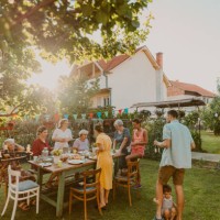 an outdoors family party - food stock pictures, royalty-free photos & images