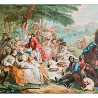 antique illustration of outdoor party lunch during hunting - food stock illustrations