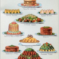 antique recipes book engraving illustration: supper dishes - food stock illustrations