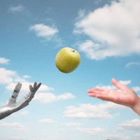 artificial intelligence passes a green apple to a girl - food stock pictures, royalty-free photos & images