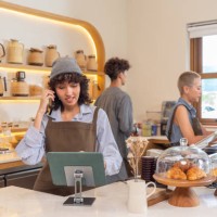 asian barista taking online order from customer - junk food stock pictures, royalty-free photos & images