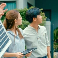 asian real estate agent demonstrates solar panel benefits to interested young couple outside a modern home. consulting eco-friendly home with real estate agent. - home decoration stock pictures, royalty-free photos & images