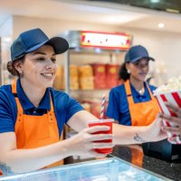 attendant delivering popcorn and soda - junk food stock pictures, royalty-free photos & images