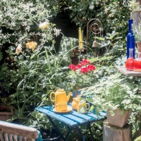 austria,salzburgerland,altenmarktimpongau,bottles andtea set on garden table - garden decoration photos et images de collection