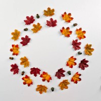 autumn circle composition. the phrase is written on a white table. leaves, acorn and pumpkins on white background - home decoration stockfoto's en -beelden