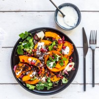 autumnal salad with fried pumpkin, lentils, radicchio, pomegranate seeds, leaf salad and parsley with dressing - food stock pictures, royalty-free photos & images